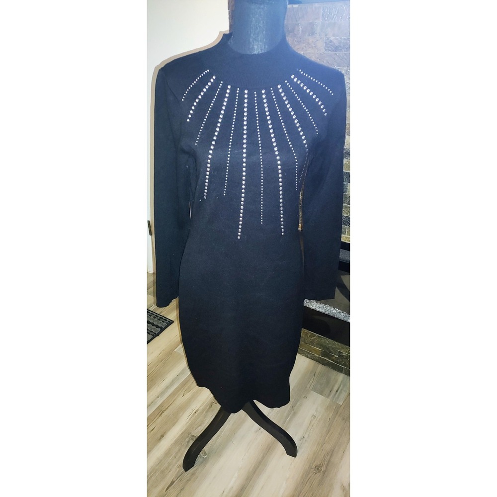 Nina Leonard Women's Sweater Dress Black With Silver Studs Long Sleeves Size M